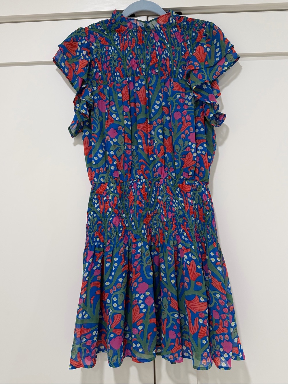 Entro Floral Smocked Ruffle Sleeve Mini Dress Blue Size M Lined